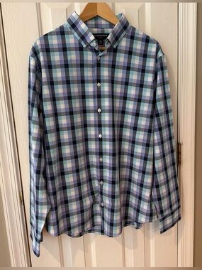 Mizzen+Main Leeward Plaid Dress Shirt Men XL Trim No Tuck Blue Check